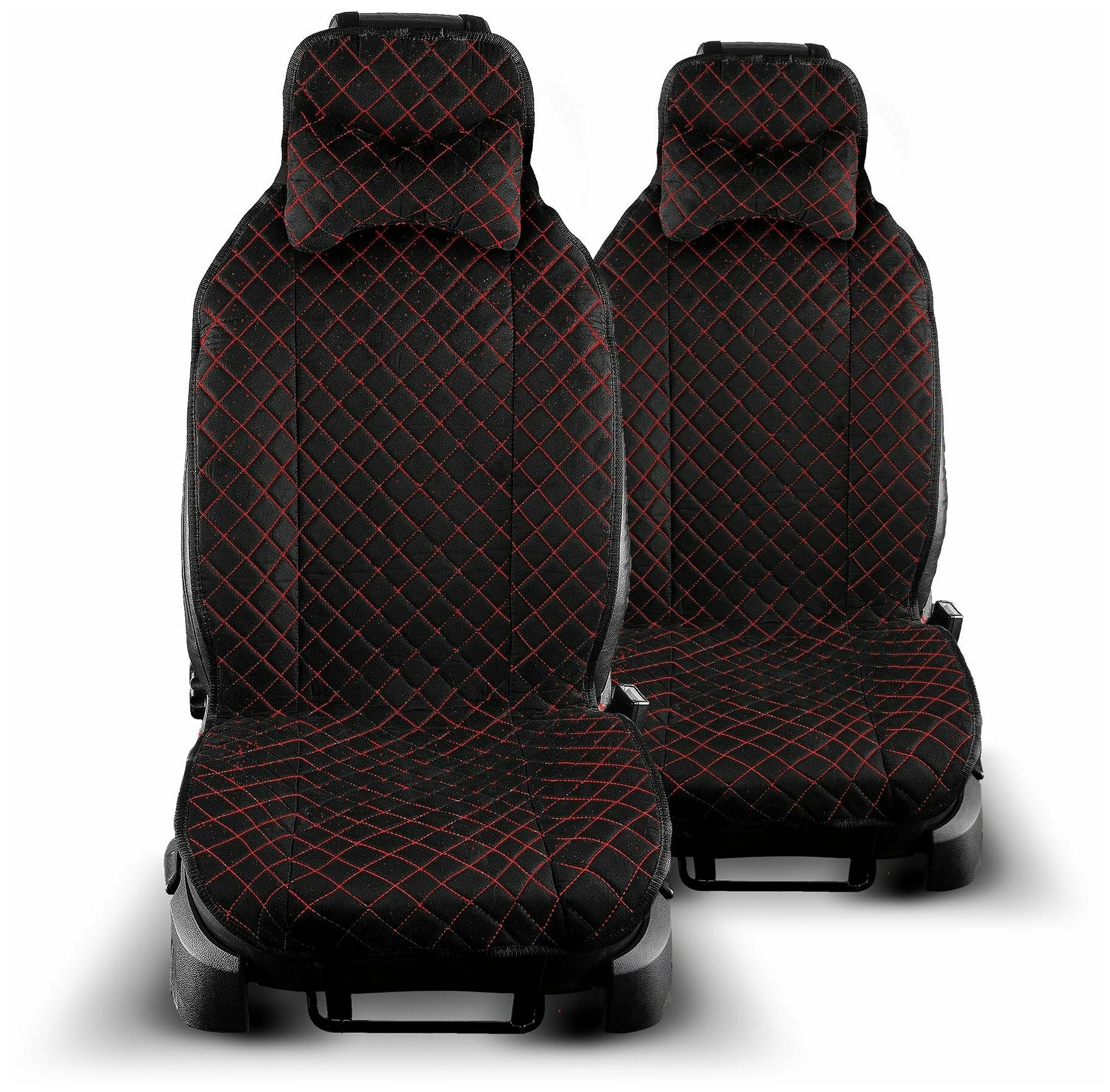 Накидки из черной замши Алькантара с красной отстрочкой и нескользящим силиконовым подкладом на передние сиденья с подушками для головы и шеи