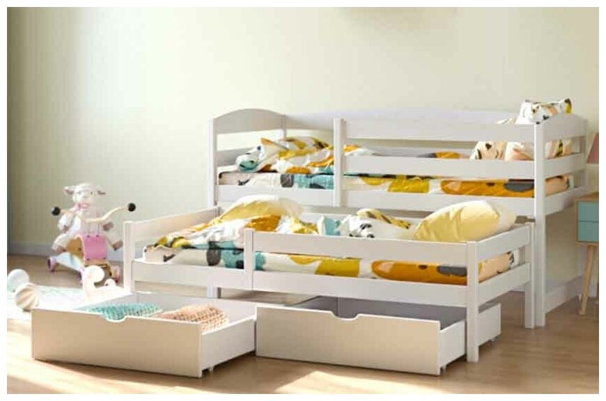 Кровать для 2-х детей выкатная алина 90х190 белая, массив, с ящиками, ортопедическое дно (без матраса)