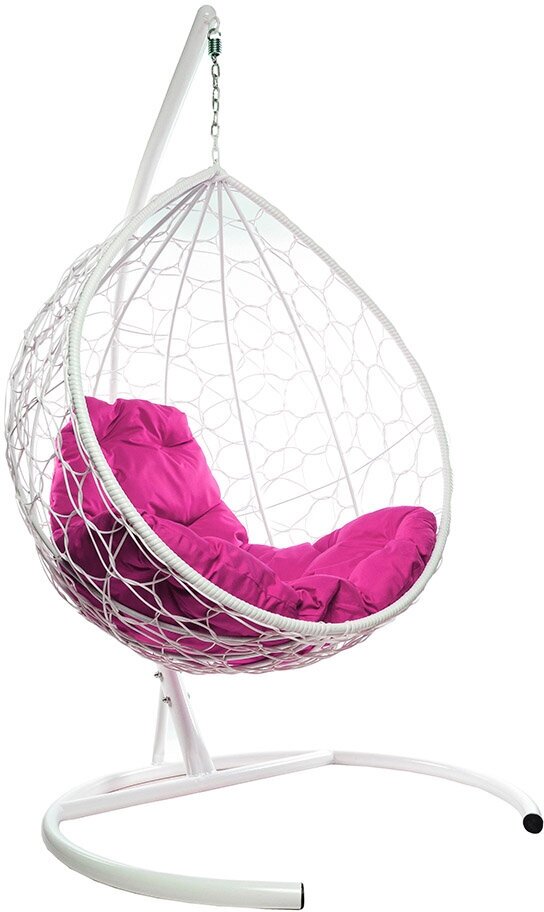 Подвесное кресло из ротанга "Капля" белое с розовой подушкой M-Group