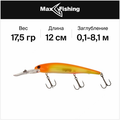 Воблеры для троллинга Bandit Walleye Deep цв. OL156 Yellow Orange Back And Head, 17,5 гр 120 мм, на щуку, судака, минноу / всплывающий, до 8,2м