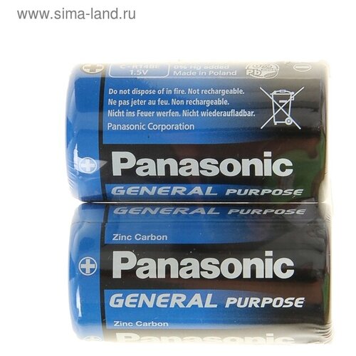 Батарейка солевая Panasonic General Purpose, C, R14-2S, 1.5В, спайка, 2 шт. батарейка солевая mirex c r14 2s 1 5в спайка 2 шт