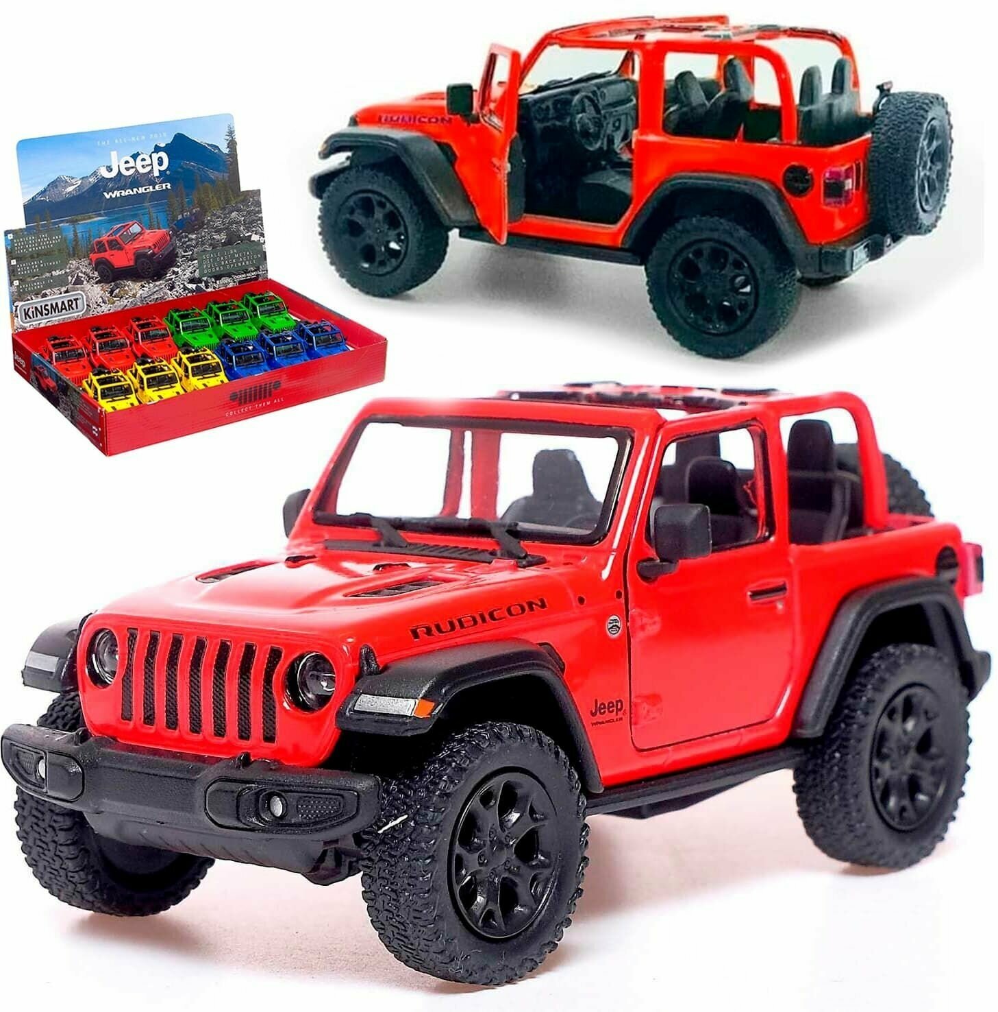 Металлическая машинка игрушка 1:34 2018 Jeep Wrangler Открытый верх (Джип Вранглер) 12.5 см детская инерционная / Красный