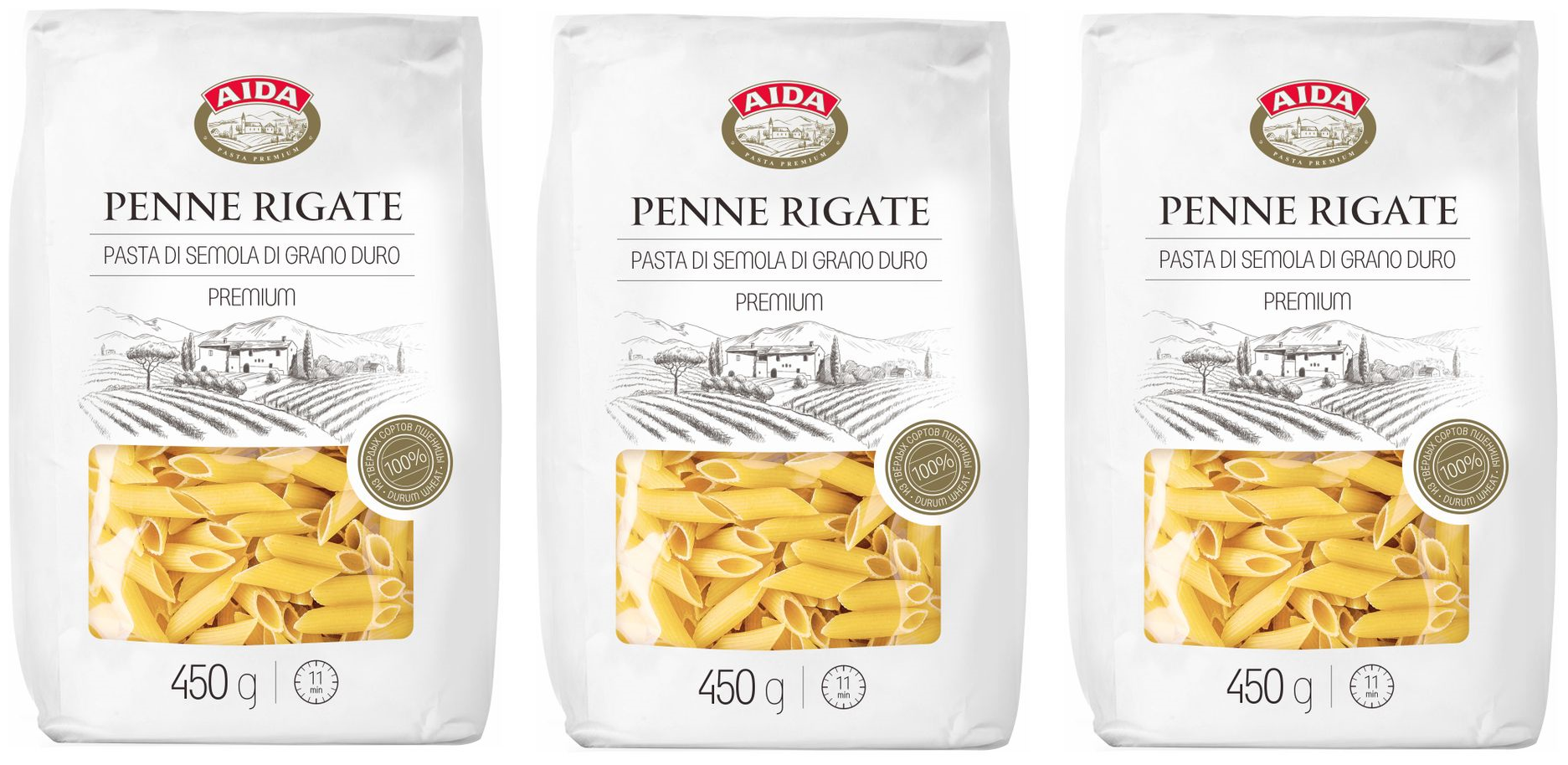 Перья Aida Penne Rigate, 450г 3 пачки