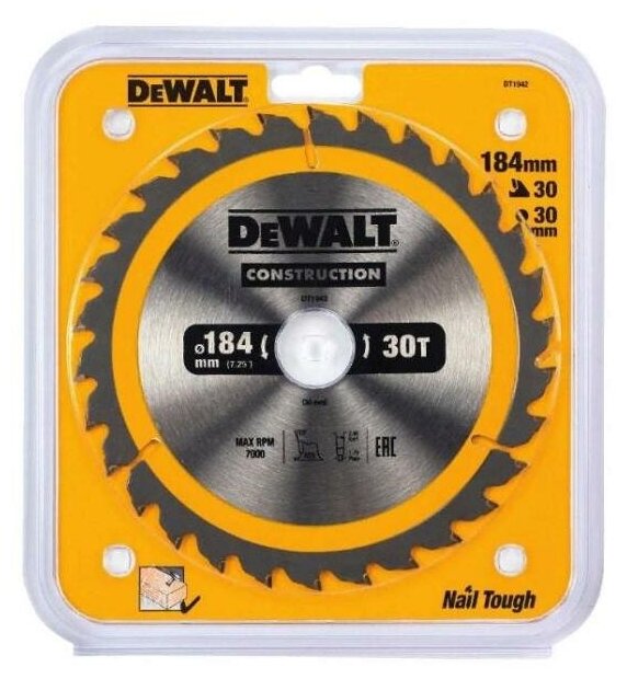 Пильный диск DEWALT DT1942-QZ CONSTRUCTION п/дер. с гвоздями 184/30 30 ATB +10°