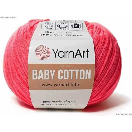 Пряжа YarnArt Baby Cotton -1 шт, 423 коралловый неон, 165 м/50 г, 50% хлопок, 50% акрил /ярнарт беби коттон/