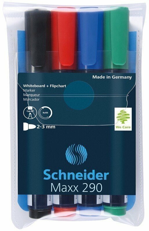 Набор маркеров для белых досок и флипчартов Schneider "Maxx 290" 4цв, пулевидный, 3мм, прозр. чехол
