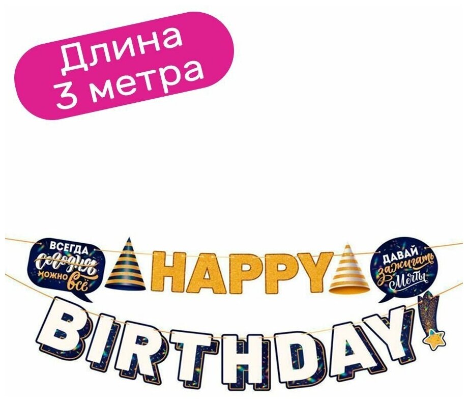 Гирлянда растяжка Колпаки, Happy Birthday! 300 см