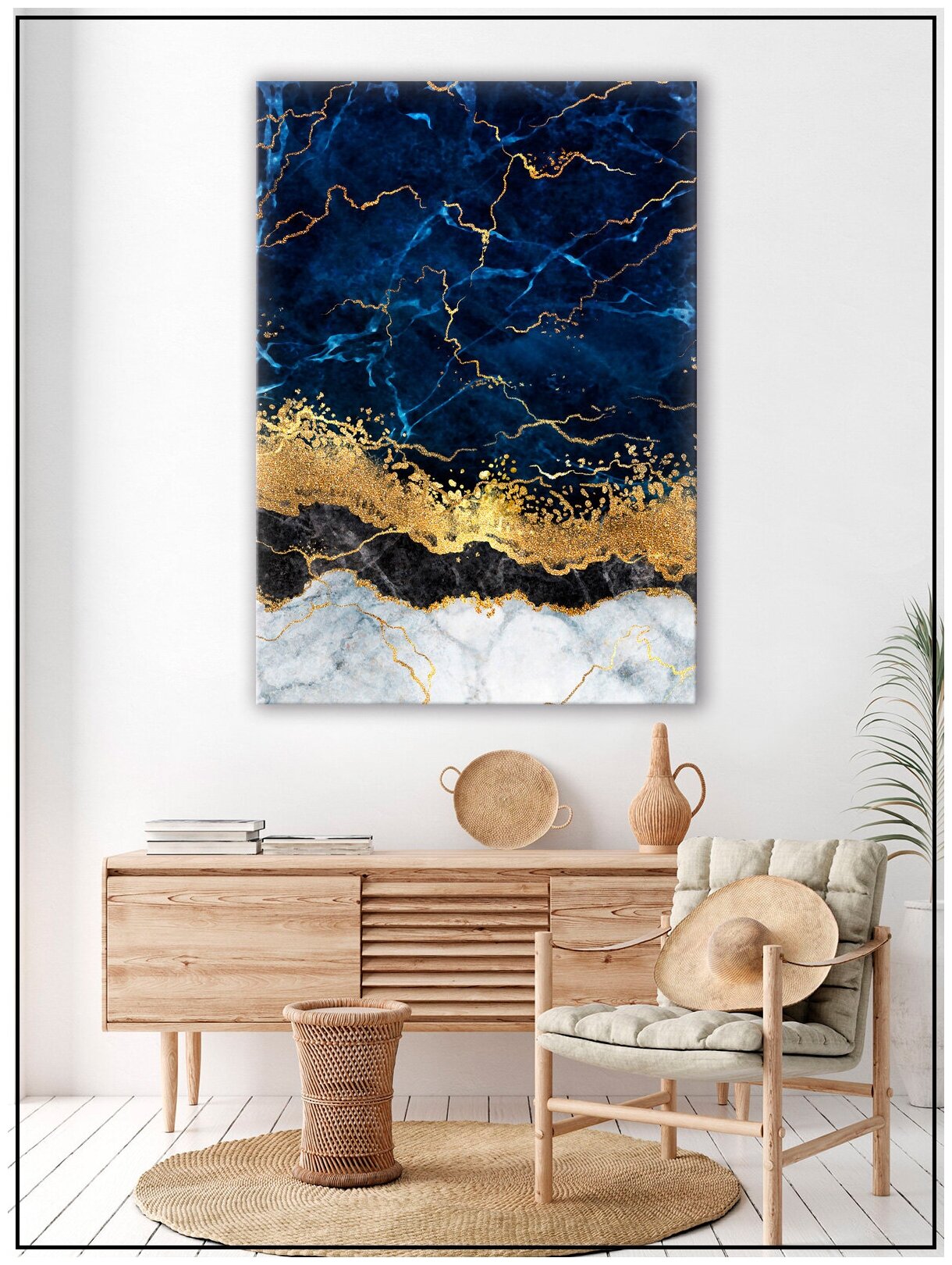 Картина для интерьера на натуральном хлопковом холсте "Абстракция синий мрамор с золотом", 30*40см, холст на подрамнике, картина в подарок