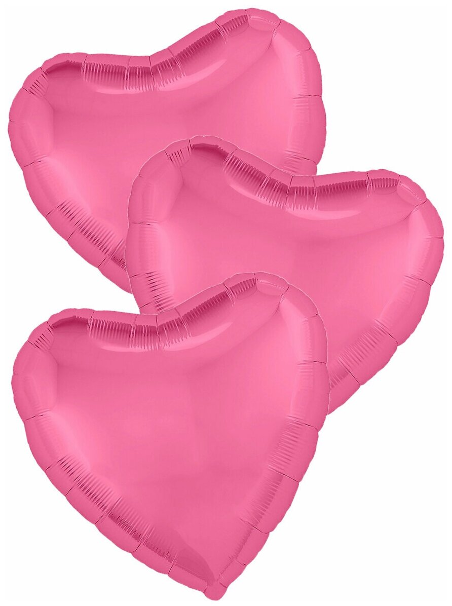 Воздушные шары фольгированные Agura Сердца, Металлик, Ярко розовый (пион), 46 см, набор 3 шт