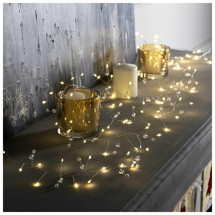 фото Гирлянда "Мишура" 2 м роса с насадками "Шарики", IP20, серебристая нить, 100 LED, свечение белое, ААх3