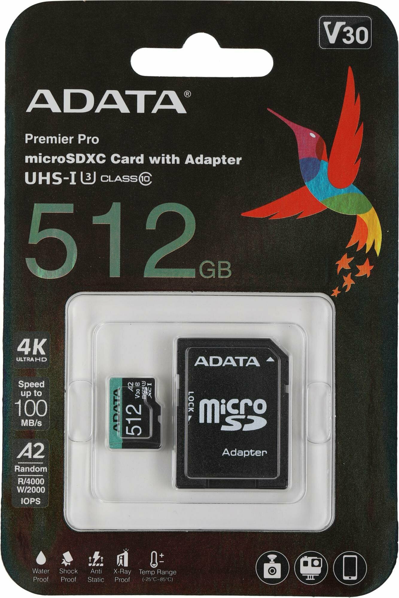 Карта памяти microSDHC 512ГБ Class10 A-Data Premier Pro (ausdx512gui3v30sa2-ra1) - фото №4