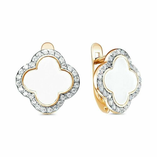 Серьги Infini, красное золото, 585 проба, родирование, фианит, эмаль, размер 13 мм, длина 1.3 см, , белый