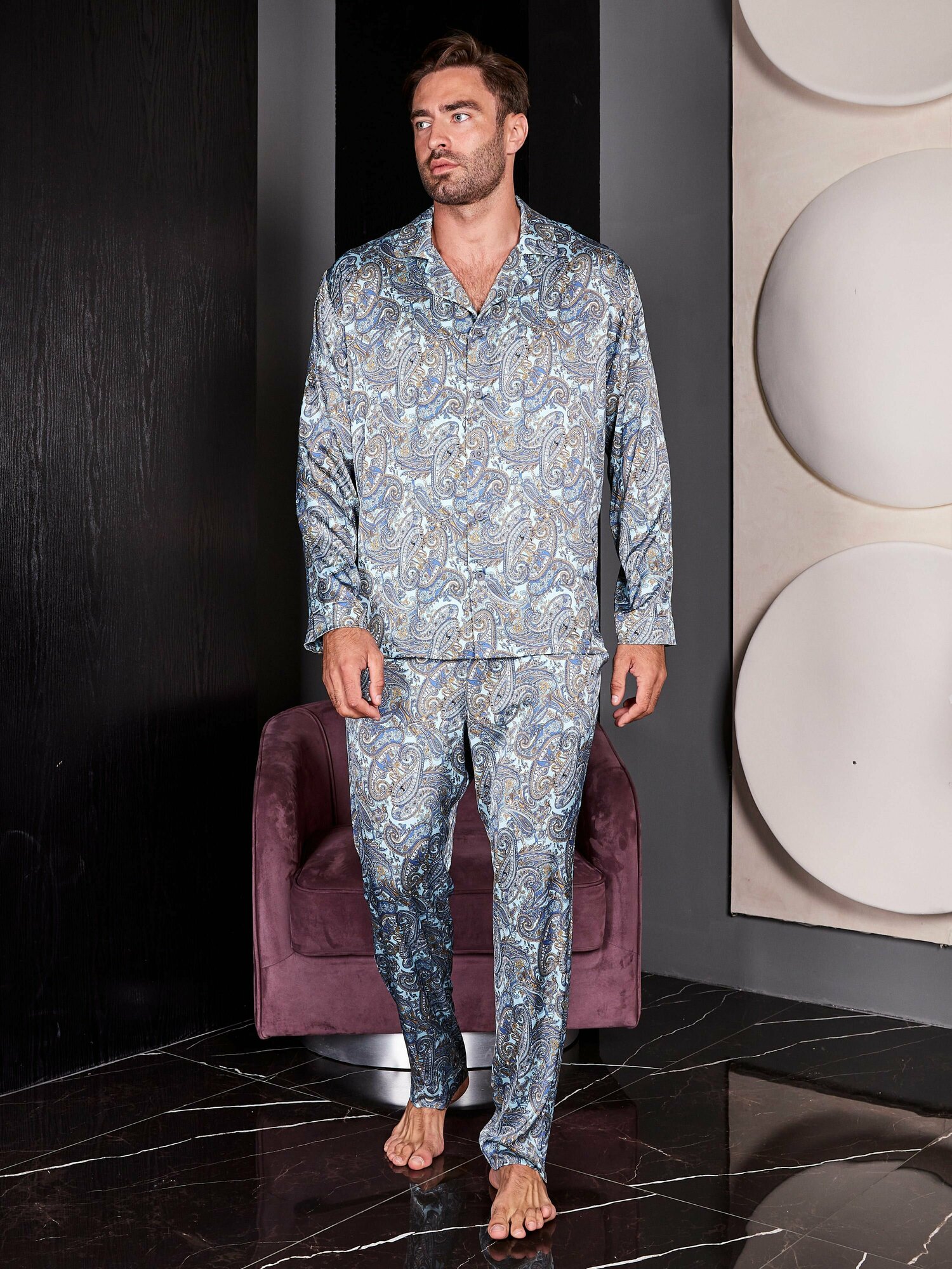 Пижама мужская с брюками и рубашкой "Голубая с узором Бута" - фотография № 3