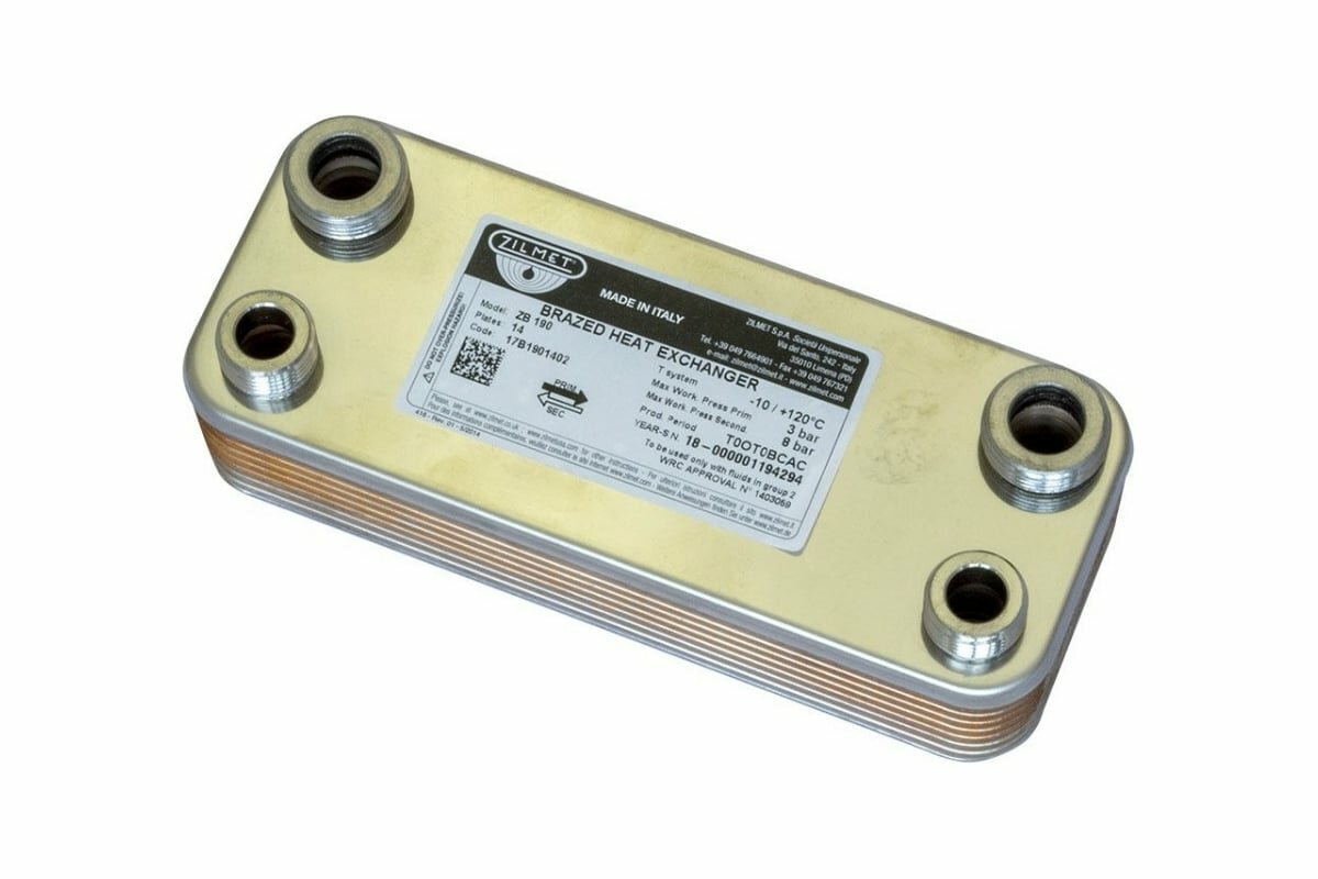 Zilmet Паяный теплообменник ZВ190 - 14P, соед: 3/4" сталь + 1/2" нерж, р-ры: 190x77 mm; рабочее давление: А-В- 8 бар, С-D- 3 бара, (Италия) 17B1901402