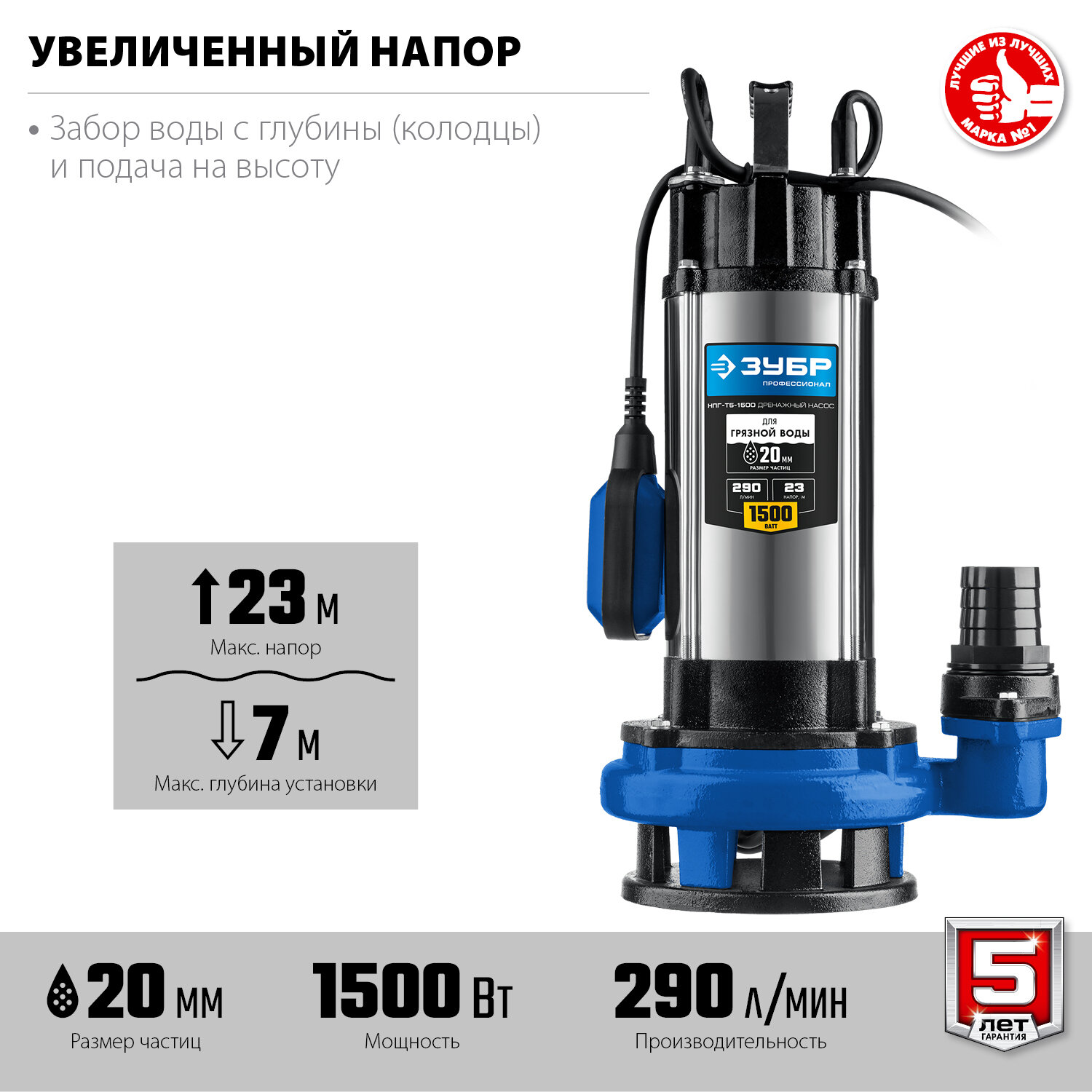 ЗУБР 1500 Вт, дренажный насос с большим напором для грязной воды, Профессионал (НПГ-Т5-1500) — фото 1