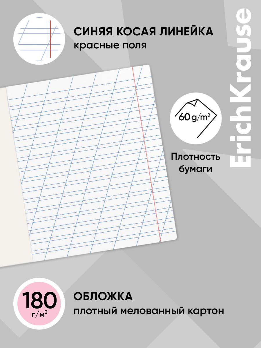 Тетрадь школьная ученическая ErichKrause Классика с линовкой розовая, 12 листов, косая линейка (в плёнке по 10 шт.) — фото 1