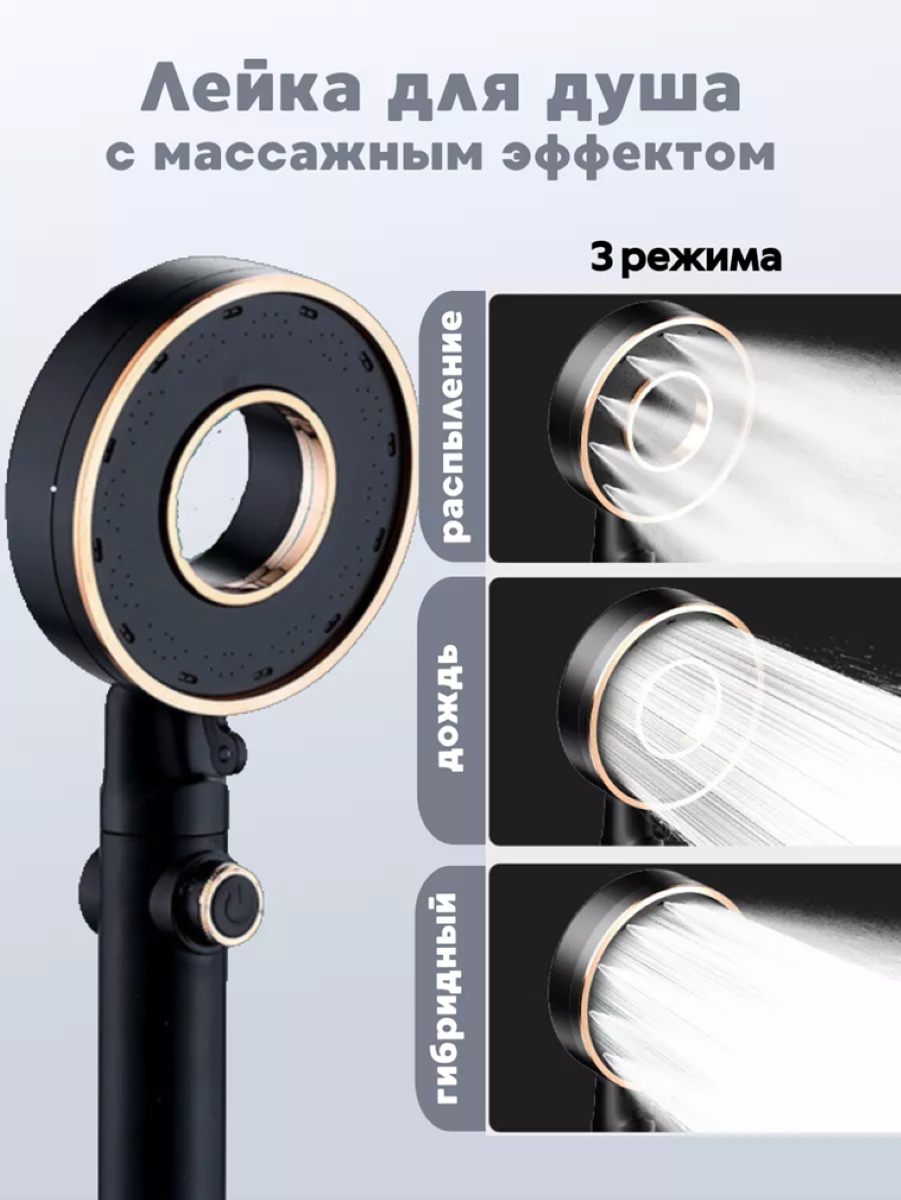 Лейка для душа массажная  с режимами Pronto с переключателем режимов ABS-пластик матовая хромированная черная