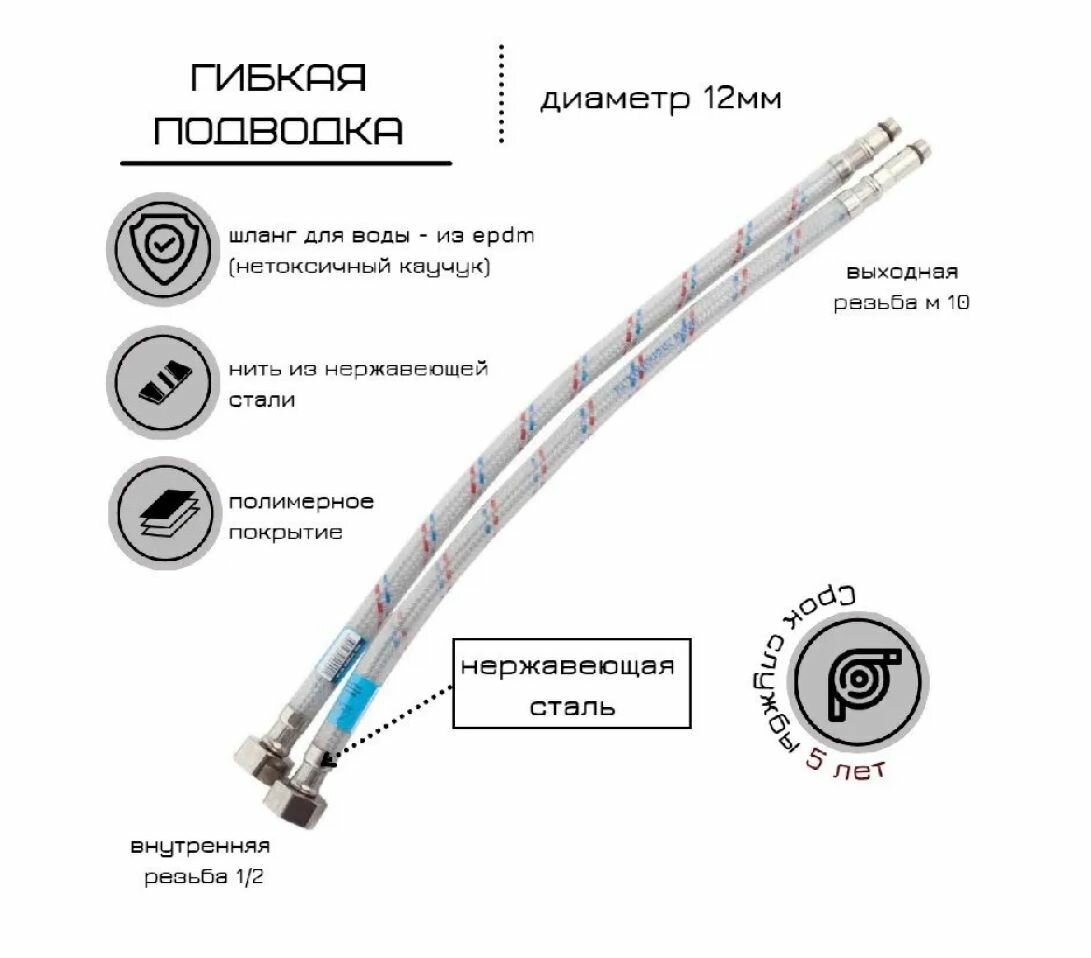 Гибкая подводка для смесителя "Оптима" 1/2 дюйма х М10 х 40 см (пара)