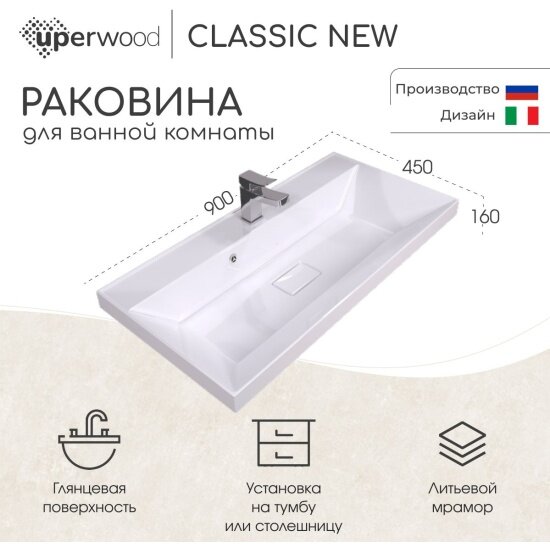 Uperwood Раковина для ванной Classic New 90х45х163 см белая глянцевая с накладкой для слива