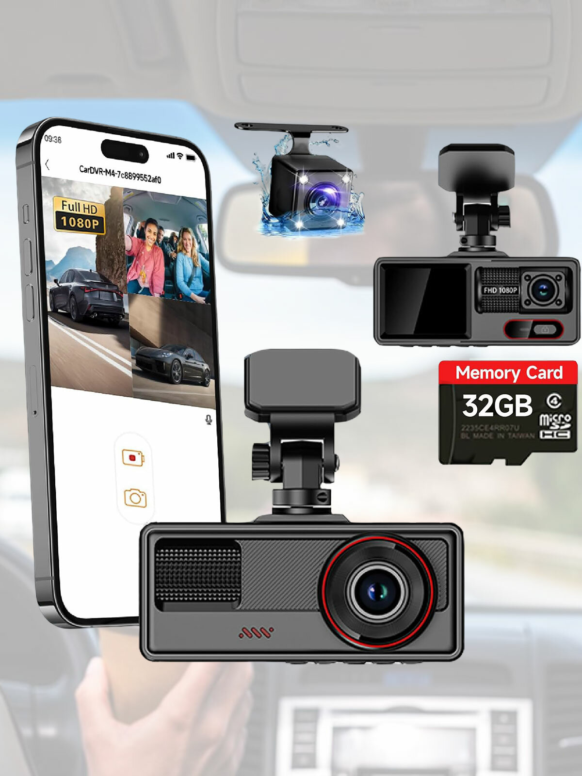 Видеорегистратор автомобильные-G-сенсор, WiFi и управление через APP, бесплатная карта памяти 32 Гб