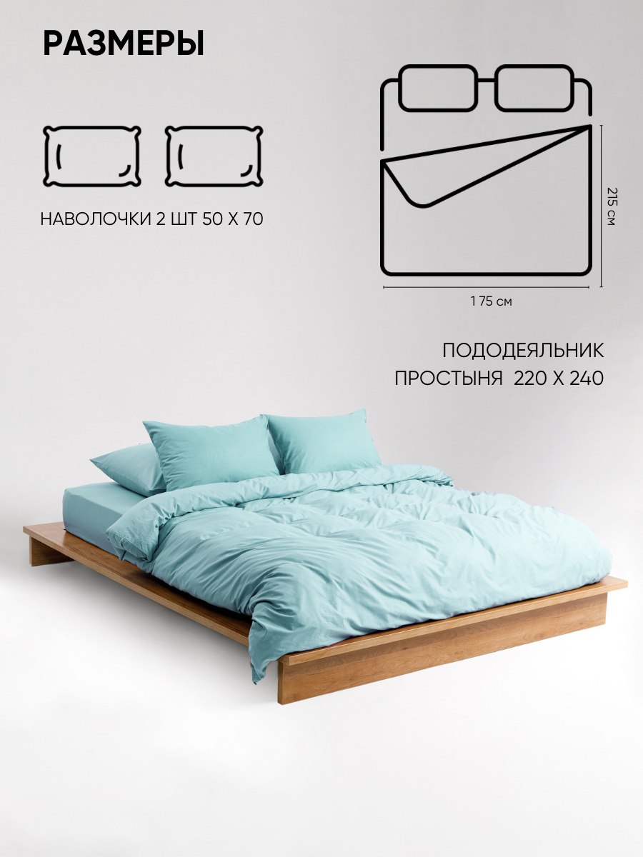 Постельное белье на молнии однотонное Urban Family (аналог икеа), Морская волна, 2 спальное, наволочки 50х70, 100% хлопок, перкаль — фото 1