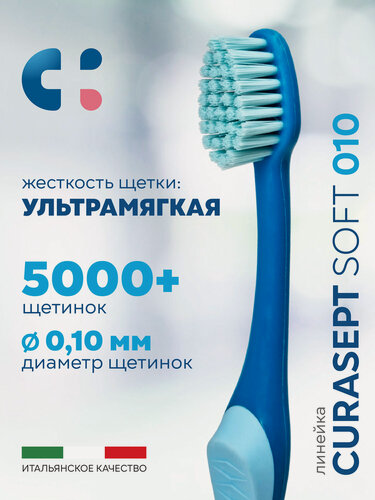 Изображение товара Зубная щетка ультрамягкая CURASEPT MAXI SOFT 010 при гиперчувствительности зубов, для десен, Италия, бирюзовый-голубой
