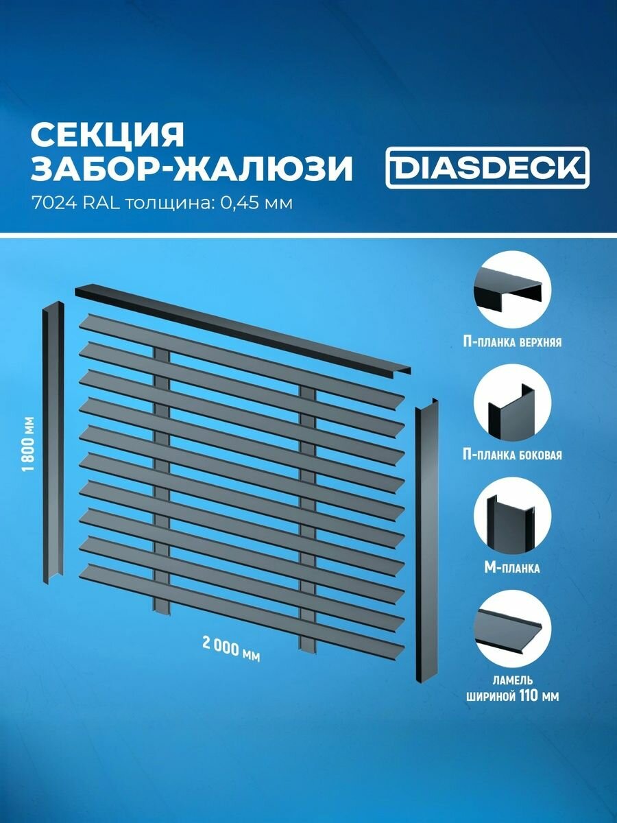 Забор-жалюзи тип Z секция 2х1.8 м RAL 7024 серый графит 0.45 мм