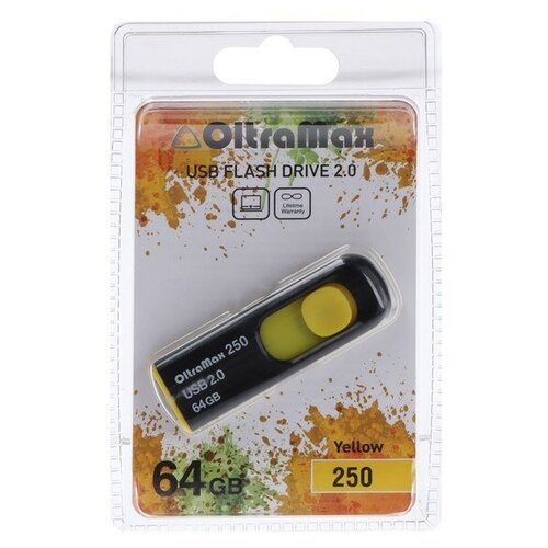 Флешка OltraMaх 250, 64 Гб, USB2.0, чт до 15 Мб/с, зап до 8 Мб/с, жёлтая флешка oltramaх 30 64 гб usb2 0 чт до 15 мб с зап до 8 мб с чёрная