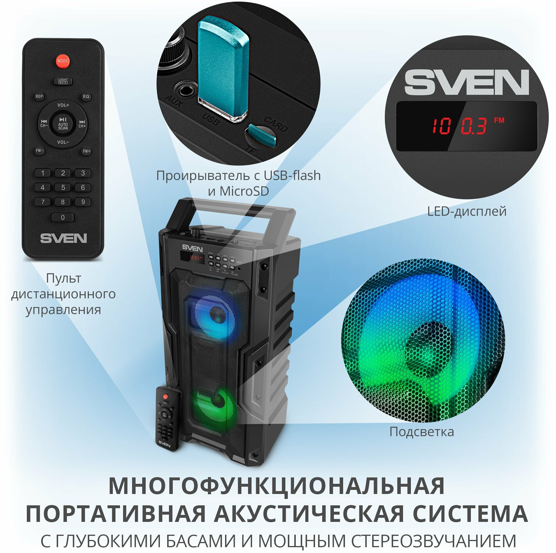 Портативная акустика 2.0 Sven PS-435 SV-019075 черная, 2x10 Вт (RMS), TWS, BT, FM, USB, microSD, LED-дисплей, ПДУ