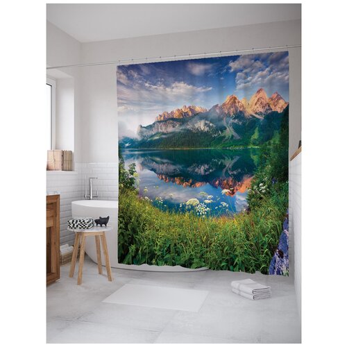 фото Штора для ванной joyarty к горной реке за цветами 180х200 голубой/зеленый