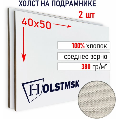 Холст грунтованный 40х50см на подрамнике 40х18мм HolstMsk, 100% Хлопок мелкое зерно, 380 гм2, Набор 2 шт.