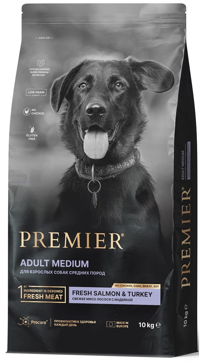 PREMIER Dog Medium Adult Salmon&Turkey Корм сух.филе лосося,индейка д/собак средних пород 1кг - фото №1