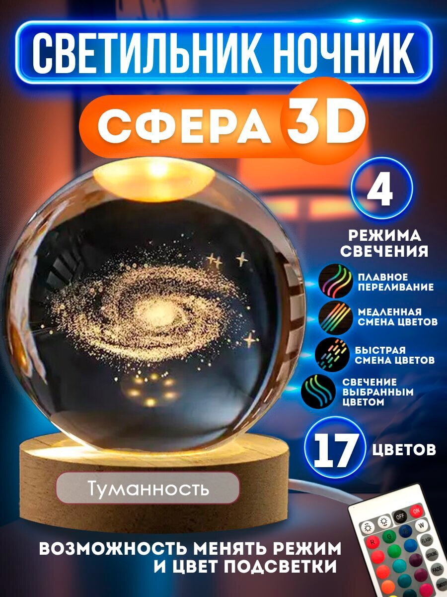 Ночник светильник стеклянный шар лампа 3D - Туманность