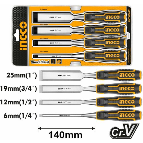 Стамески по дереву INGCO, набор 4 шт. (6, 12, 19, 25мм), сталь CR-V