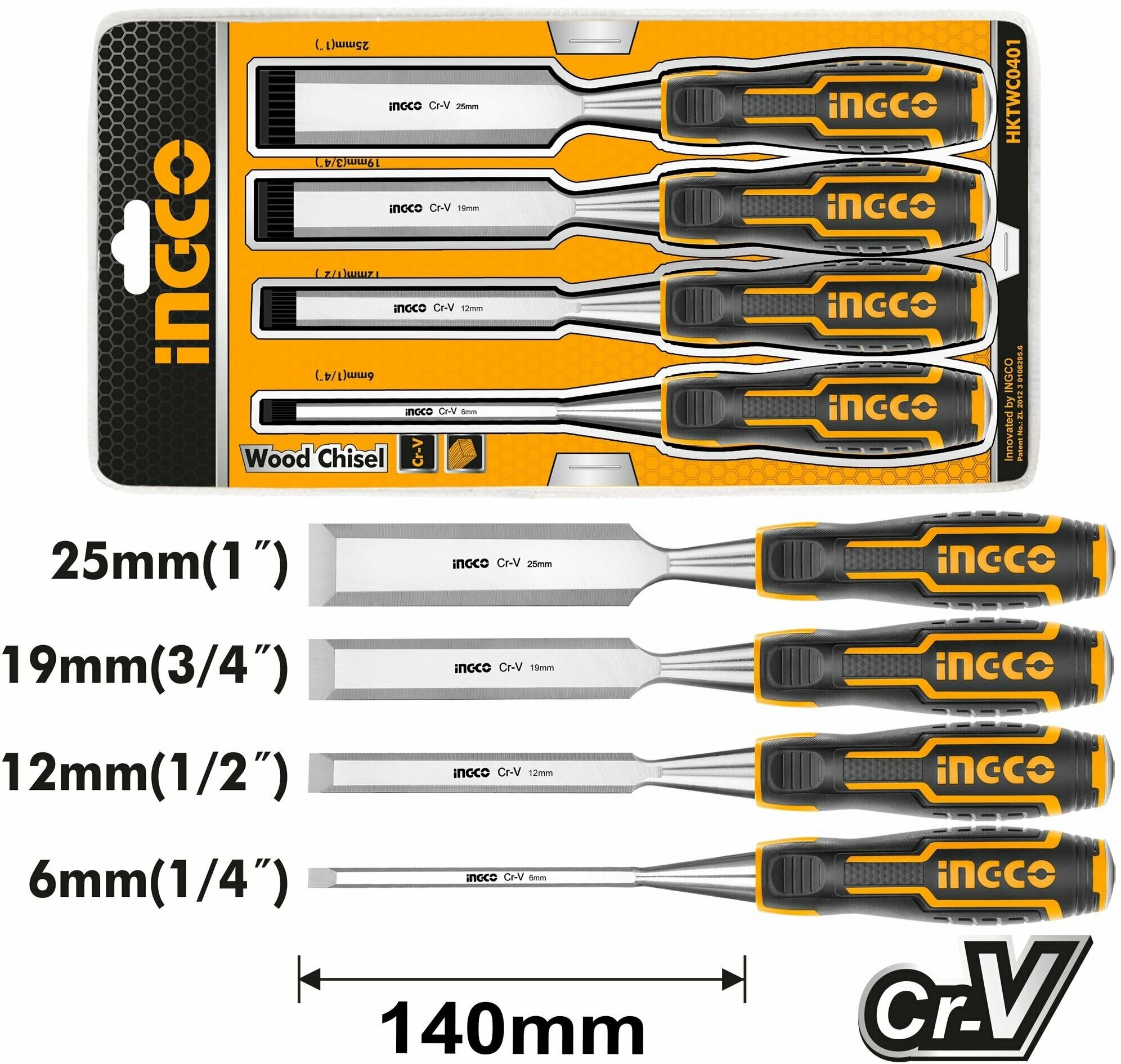 Стамески по дереву INGCO набор 4 шт. (6 12 19 25мм) сталь CR-V