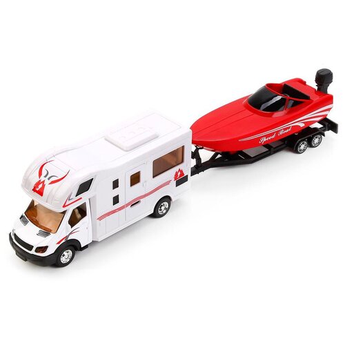 фото Набор техники технопарк дом на колёсах с катером (1020-2r), 36 см, белый/красный