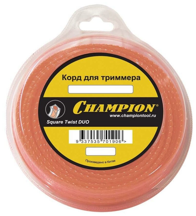 Леска корд триммерный "Champion" Square Twist DUO 2.4мм *12м (витой квадрат)