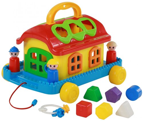 Каталка-игрушка Полесье Сказочный домик на колесиках 48769, красный/желтый/синий