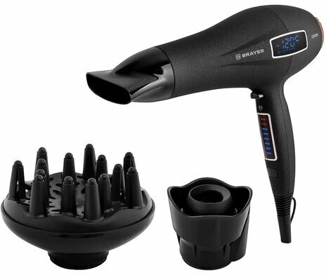 фото Фен BRAYER BR3001, 2200 Вт, 6 скоростей, 8 температурных режимов, сенсорное управление, серый