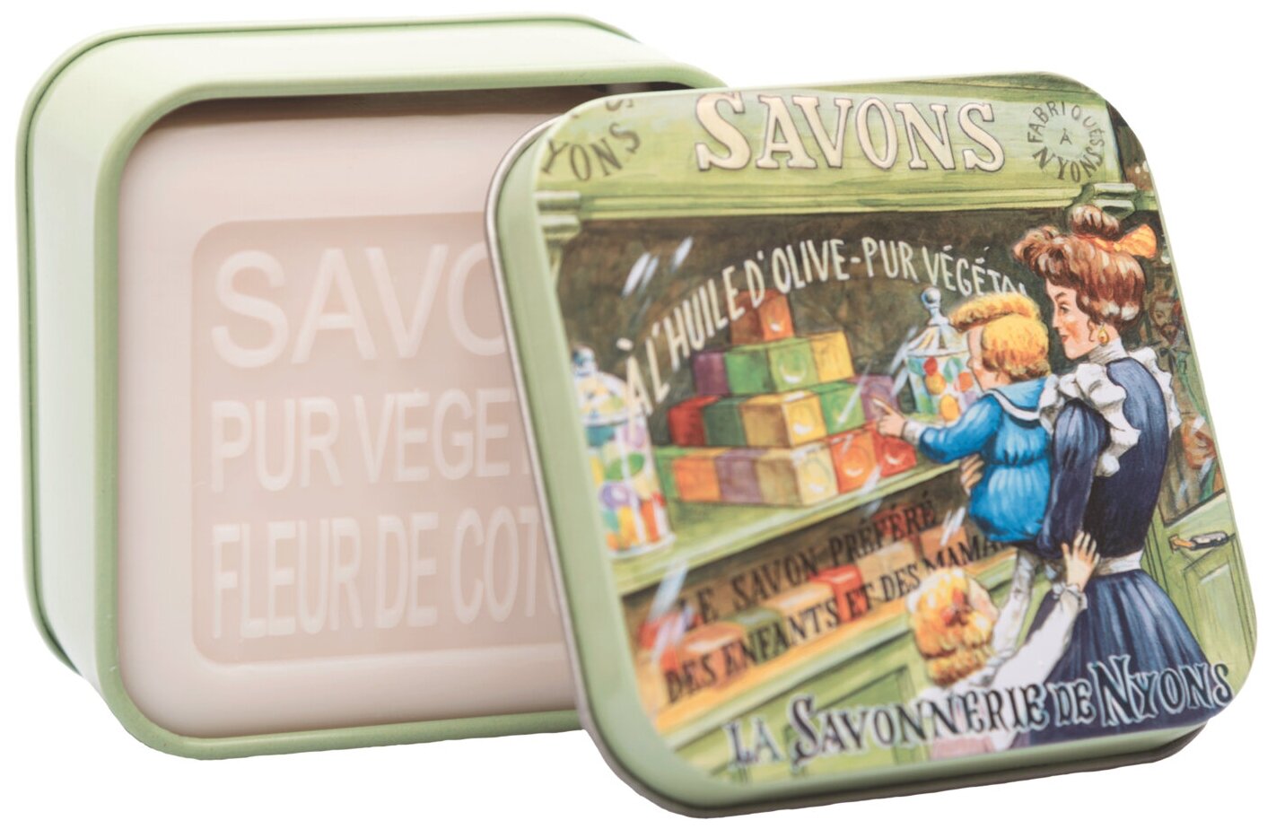 Мыло La Savonnerie de Nyons с цветком хлопка в металлической коробке Витрина магазина игрушек 100гр.