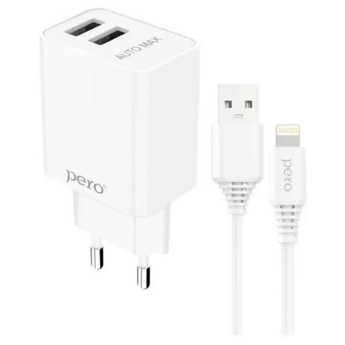 PERO Сетевое зарядное устройство PERO TC02, 2 USB, 2.1 А, кабель Lightning, белое автомобильное зарядное устройство pero ac04 2usb 2 4a automax кабель lightning белое