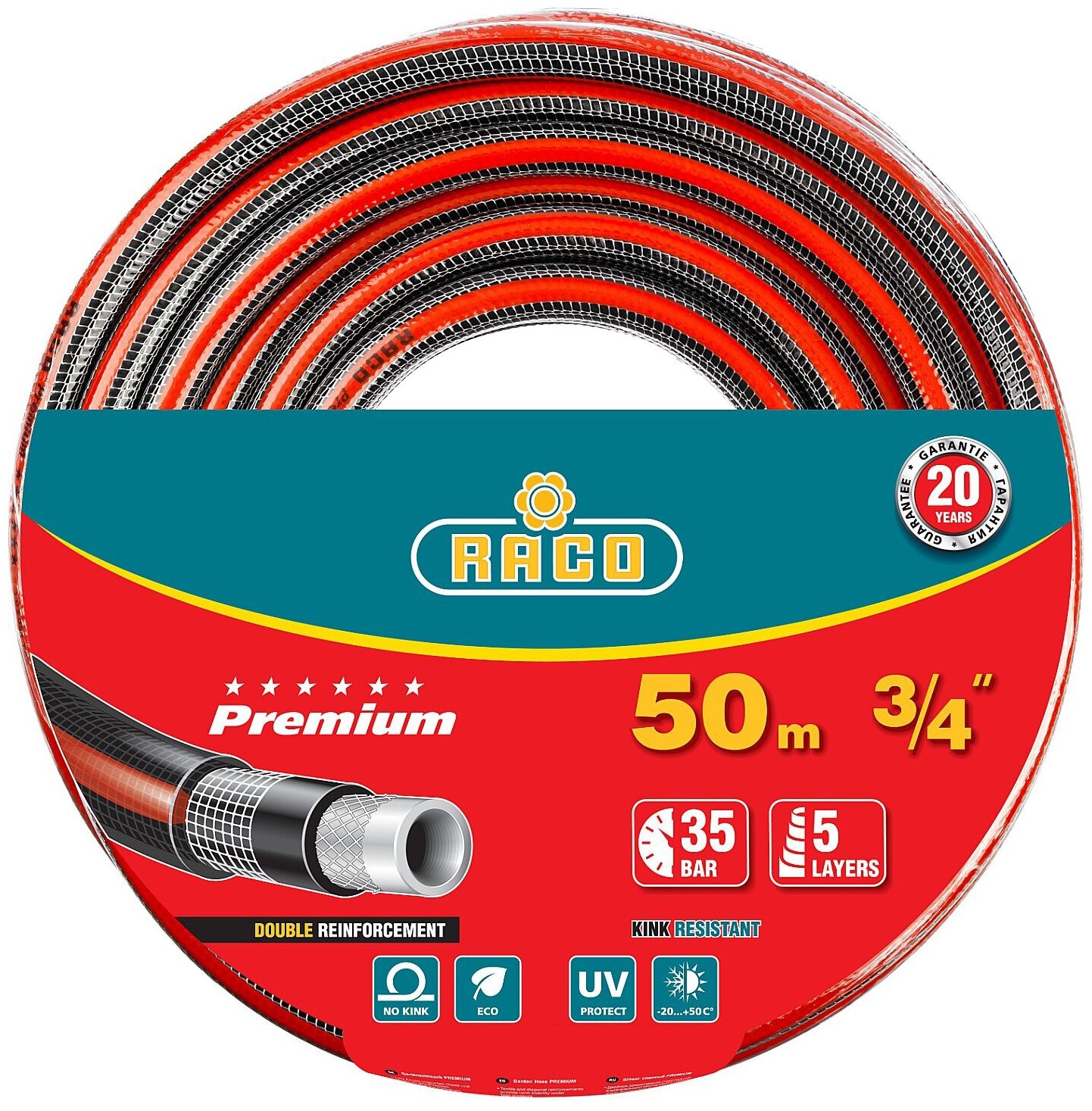 RACO PREMIUM 3/4, 50 м, 35 атм, пятислойный поливочный шланг, усиленный двумя слоями армирования 40300-3/4-50_z01