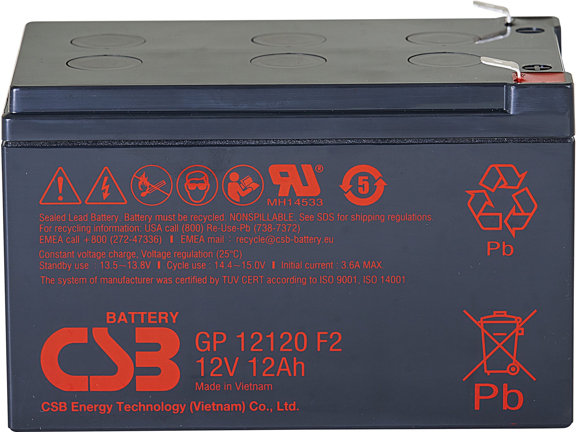 CSB GP 12120 F2 Батарея CSB серия GP, GP12120 F2, напряжение 12В, емкость 12Ач (разряд 20 часов), макс. ток разряда (5 сек.) 180А