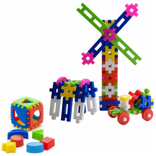 фото Набор развивающий: игрушка "кубик логический малый" арт. 40-0011 + конструктор «малыш - 2», 70 дет. арт. м-2 karolina toys