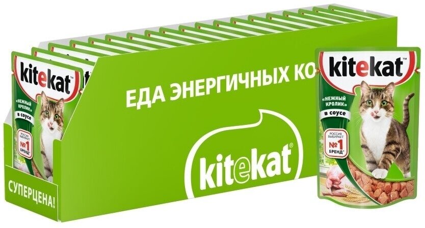 Корм консервированный полнорационный Kitekat для взрослых кошек со вкусом кролика в соусе 85г, 24 шт