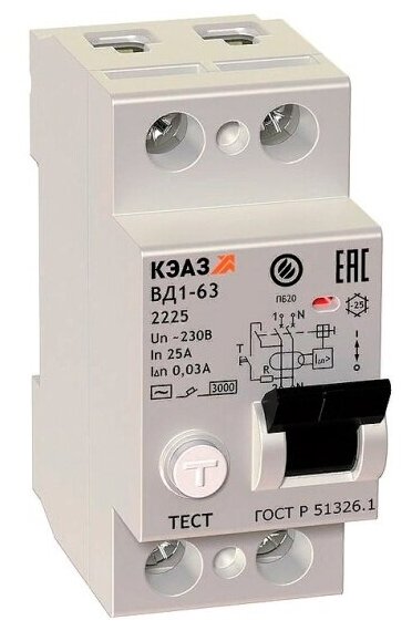 Выключатель дифференциального тока (УЗО) Кэаз 2п 40А 30мА тип AC ВД1-63 2240 УХЛ4, 221905