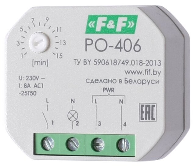 Реле времени PO-406 (задержка выкл. /управ. контактом 230В 8А 1НО IP20 монтаж в коробку d-60мм) F&F EA02.001.019 (2шт. в упак.)