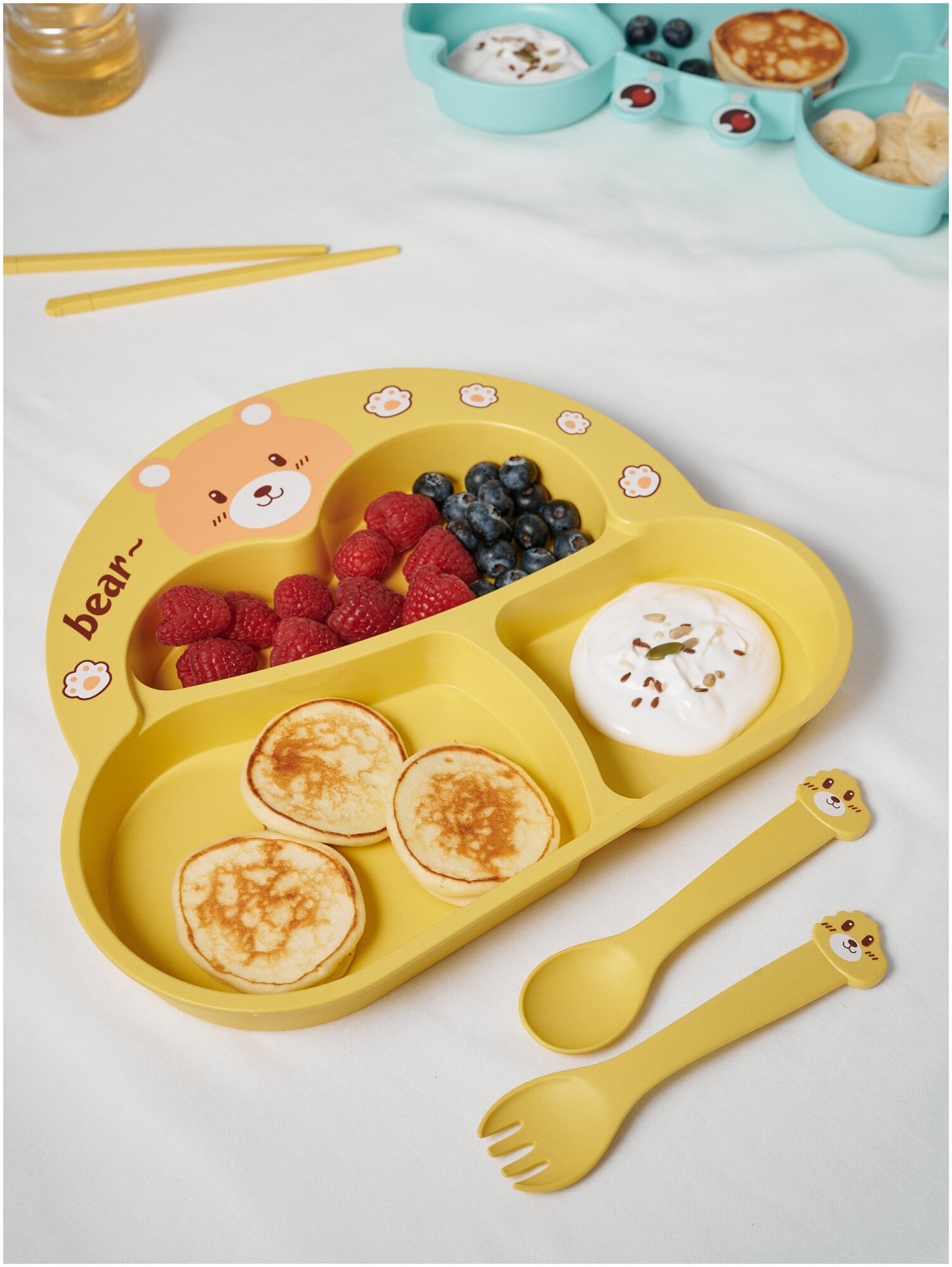 Детская посуда для кормления набор Медвежонок детская тарелка, ложка, вилка, желтая