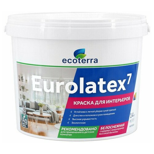 Краска акриловая ECOTERRA Eurolatex 7 для стен и потолков 14кг белая, арт. ЭК000135290 краска акриловая ecoterra eurolatex 7 матовая белый 6 л 6 кг