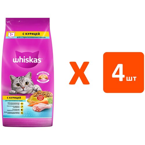 WHISKAS для взрослых кастрированных котов и стерилизованных кошек с курицей (5 кг х 4 шт)